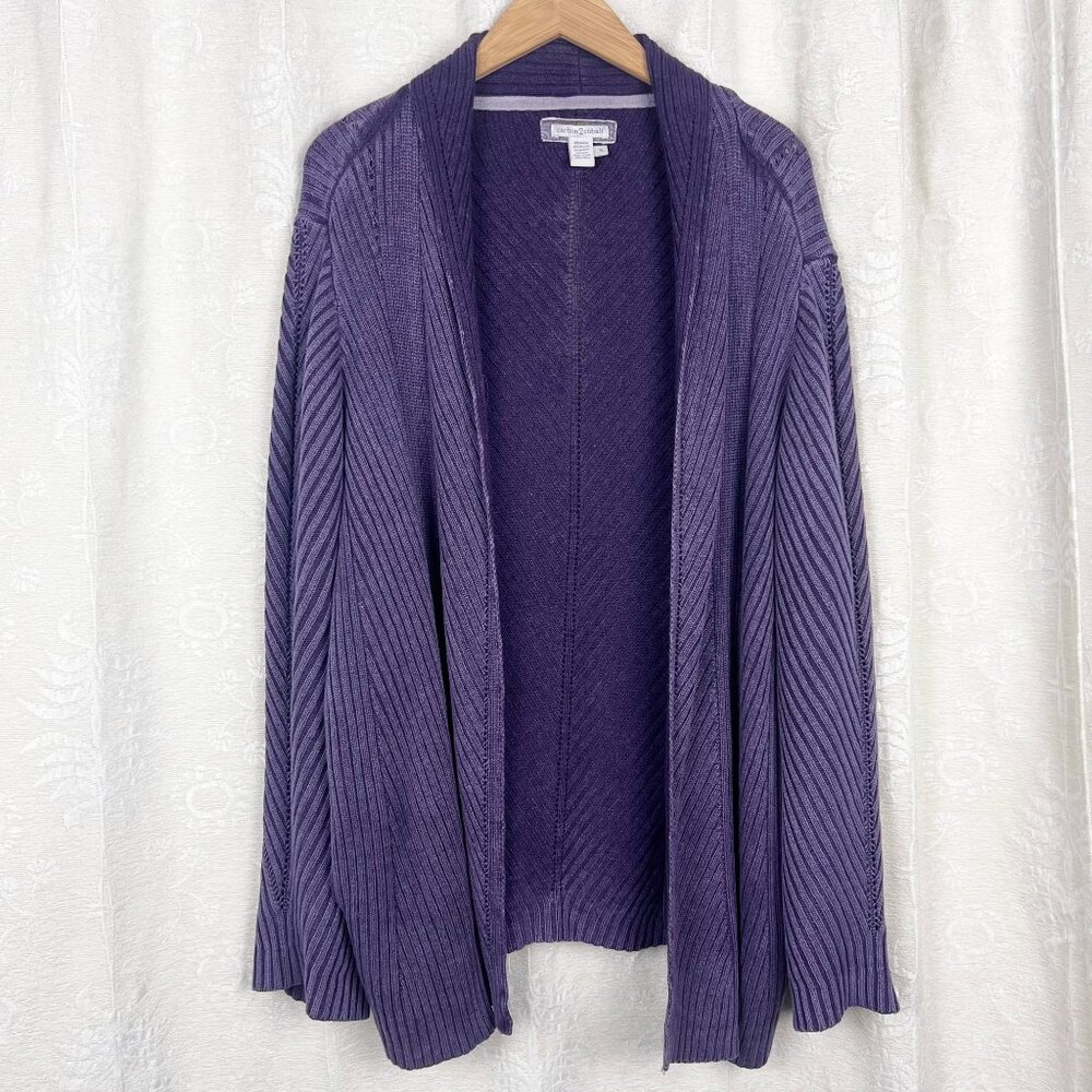 Carbon2Cobalt open lightweight knit ribbed cardigan sweater purple cotton blend